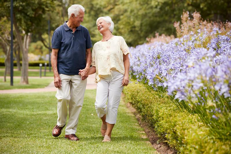 Senior Couple Holding Hands On Romantic Walk In Park Together